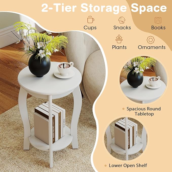 GOFLAME 2-Tier Round End Table Set of 2, Mid-Century Modern Sofa Side Table with Storage Shelf, Solid Wood Legs, Compact Accent Table, Nightstand for Living Room, Bedroom, Small Space, White