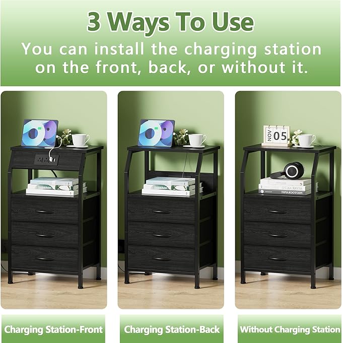 Furnulem Night Stand with Charging Station, 28.3 Inch Tall Side Table with Fabric Drawers and Storage Shelf, Bedside Table with USB Ports & Outlets, Nightstand for Bedroom, 3 Ways to Use, Black Oak