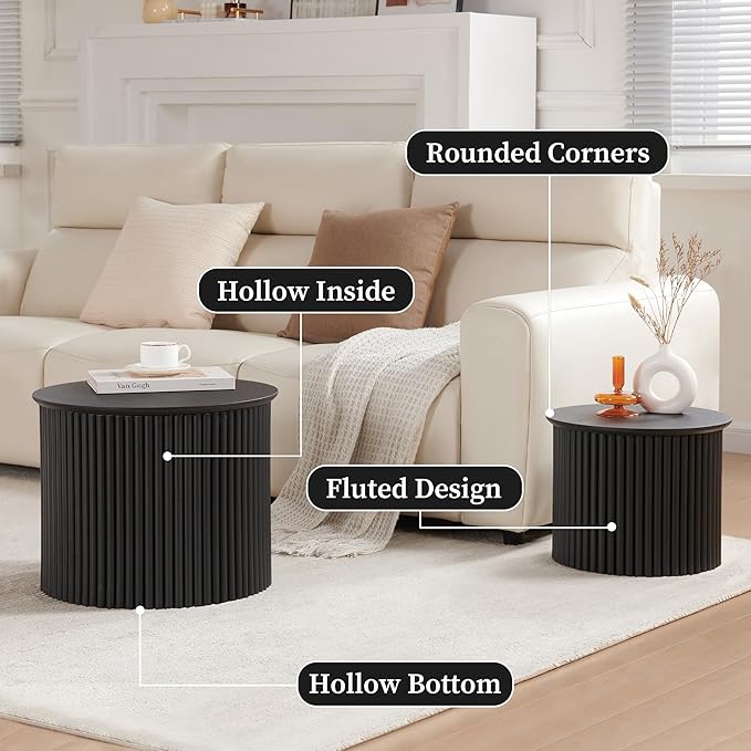 AVZEAR Round Nesting Coffee Table Set of 2, Small Fluted Coffee Table Circle Side Table, Mid Century Modern Wood Nesting Tables Farmhouse End Table Set for Living Room, Bedroom, Small Spaces(Black)