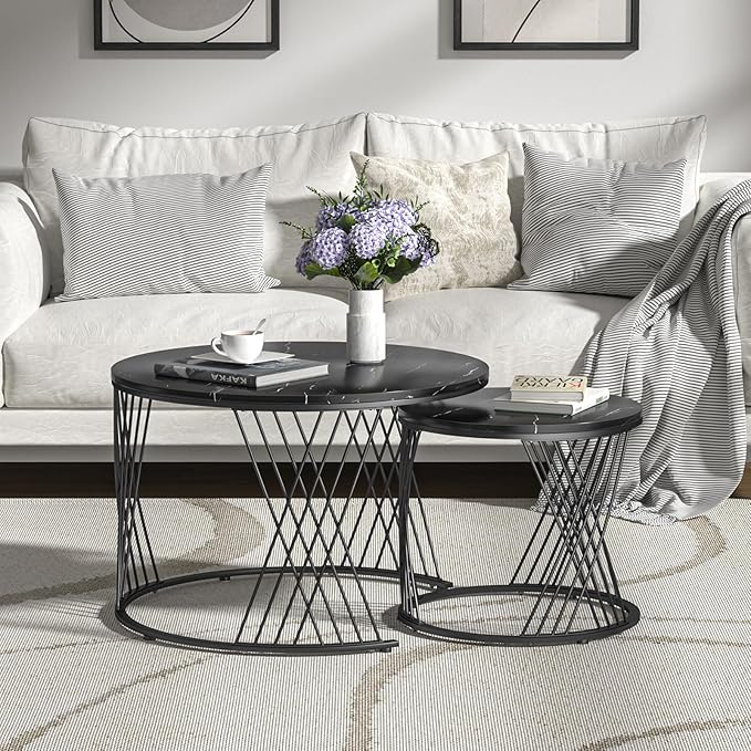Giluta Black Round Coffee Table Set of 2, Modern Coffee Tables for Living Room, Faux Marble Center Table, Nesting Coffee Table