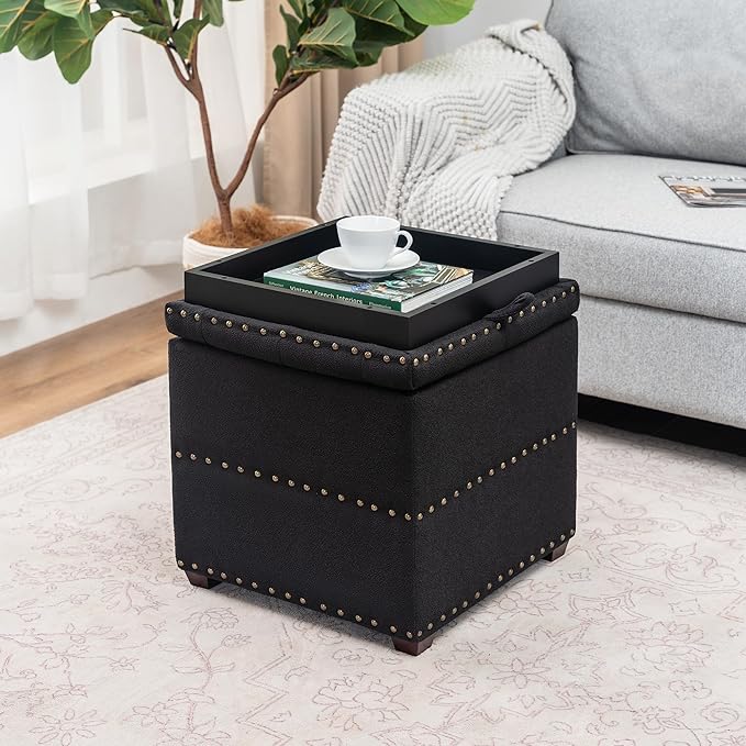 Adeco 18" Black Square Storage Ottoman with Tray, Small Cube Ottoman Coffee Table with Decorative Fashion Paris Nails, Dorm Room, Bedroom, or Living Room