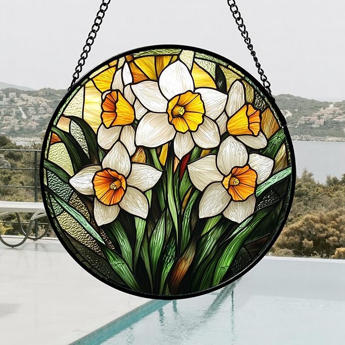 Stained Glass Window Hanging, Yellow and White Daffodils Sun Catcher for Door Home Decor Plants Flowers Suncatcher Christmas Mother's Day Birthday Gifts for Women Men Mom Nana 9.8 in