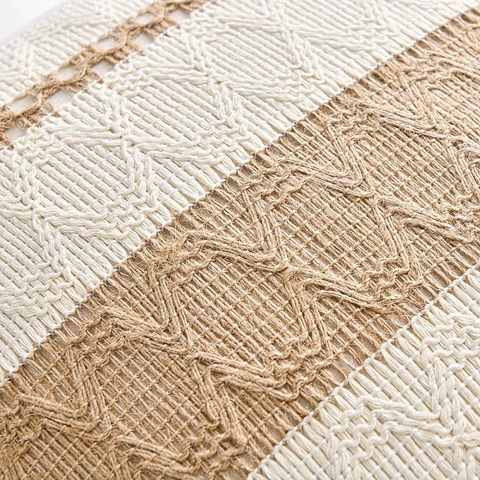 Fancy Homi Set of 2 Boho Neutral Long Lumbar Decorative Throw Pillow Cover 14x24 Inch for Couch Bed Sofa Chair, Modern Organic Farmhouse Home Decor, Soft Cotton Cute Accent Tan Rectangle Cushion Case