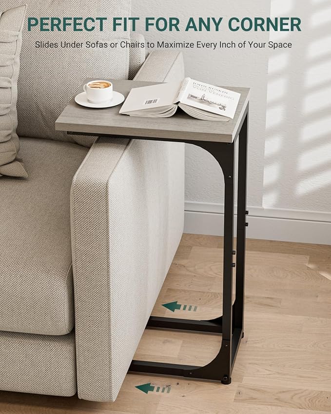 C-Shaped Side Table for Couch - Small Coffee Stand Sofa Tray Desk with Metal Frame and Waterproof Scratch Resistant, Modern End Accent for Living Room, Bedroom, Set of 2, Greige
