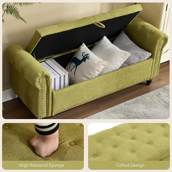 Furniliving 55” End of Bed Bench, Bedroom Bench with Button-Tufted, Large Upholstered Storage Ottoman Benches Entryway Bench with Storage Shoe Cabinet Bench, for Bedroom, Living Room, Linen, Green