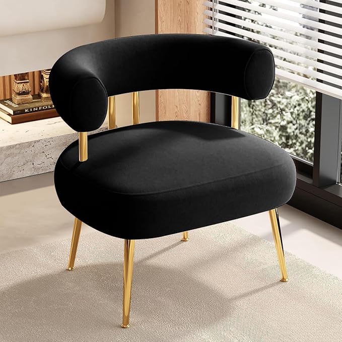 Modern Velvet Accent Chair, Round Upholstered Barrel Armchair for Small Spaces, Fluffy Side Corner Sofa Chair for Living Room, Bedroom, Vanity, Office, Reading Nook(Black)