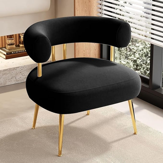 Modern Velvet Accent Chair, Round Upholstered Barrel Armchair for Small Spaces, Fluffy Side Corner Sofa Chair for Living Room, Bedroom, Vanity, Office, Reading Nook(Black)