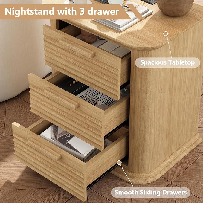 22'' Fluted Nightstand with Charging Station Set of 2, Modern End Table with 3 Drawers and Storage, Wood Side Table Dresser with Round Corner for Bedroom, Living Room, Curved Profile, Natural Oak