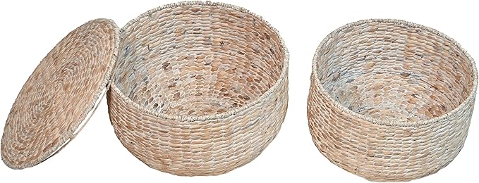happimess SAT1000C Bhola 18" Hourglass Handwoven Hyacinth Storage Accent Table with Lid for Storage and Decoration in Bedroom, Living Room, Kitchen, Dining Room, Entryway, Guestroom, White Wash