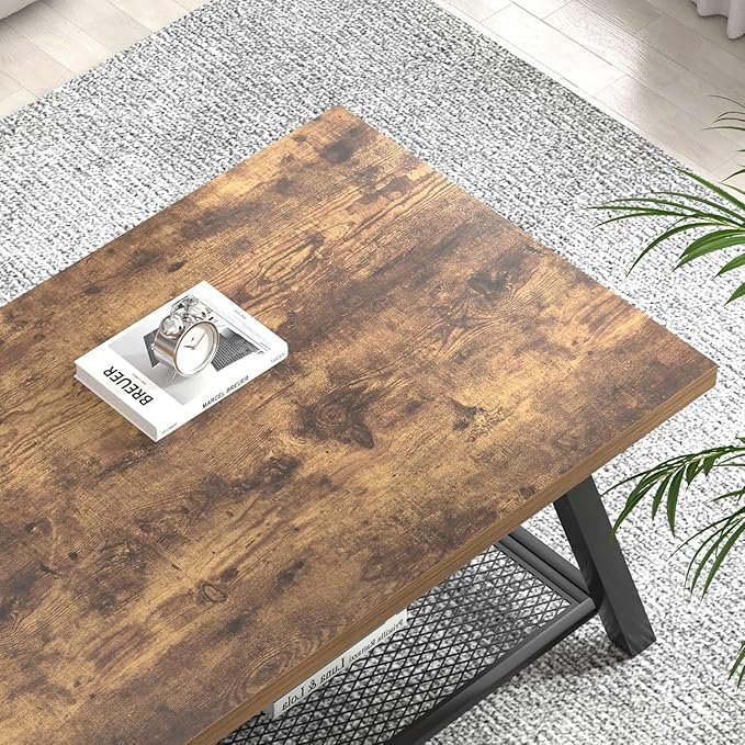 FOLUBAN 47 Inch Coffee Table, Industrial Wood and Metal Living Room Table with Storage Shelf, Rectangle Center Table, Rustic Brown