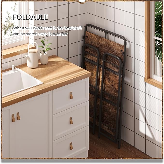 4NM No Assembly Folding Bookshelf, 3 Tiers Collapsible Book Shelves Open Industrial Foldable Storage Bookcase Shelf for Bedroom, Living Room, Home Office - Rustic Brown and Black