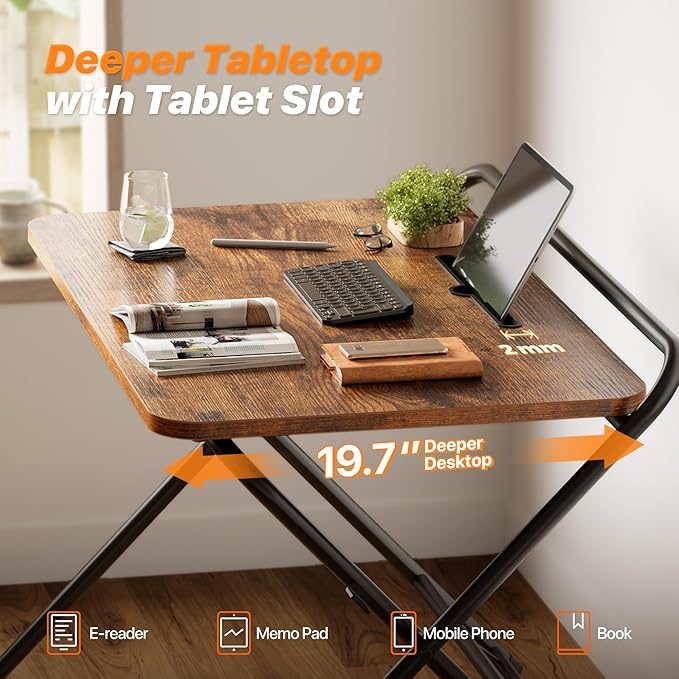 Huuger Folding Desk with 3-Level Adjustable Height and Tablet Slot, 32 Inch Foldable Computer Desk for Small Spaces, Space Saving, Writing Work Table for Home Office, Bedroom, Study, Rustic Brown