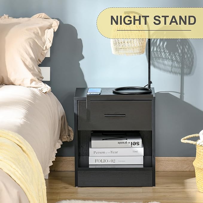 HOMCOM Modern Side Table, Accent Table with Drawer and Storage Shelf, End Table for Living Room, Black Wood Grain