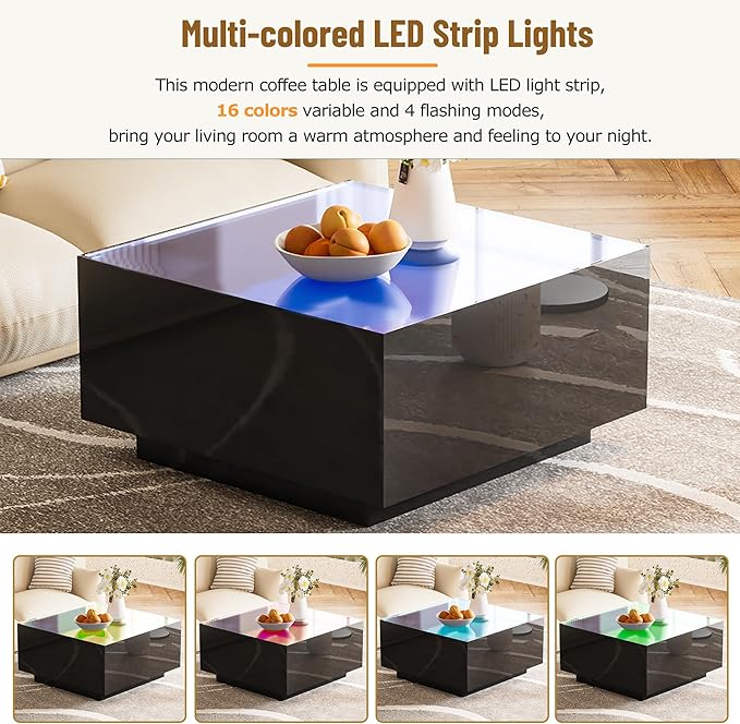 Modern White LED Coffee Table with 5mm Frosted Tempered Glass Top, High Gloss Finish, 16-Color App-Controlled Lights, Sturdy MDF Base, Easy Assembly, 27.56"x27.56"x13.78"