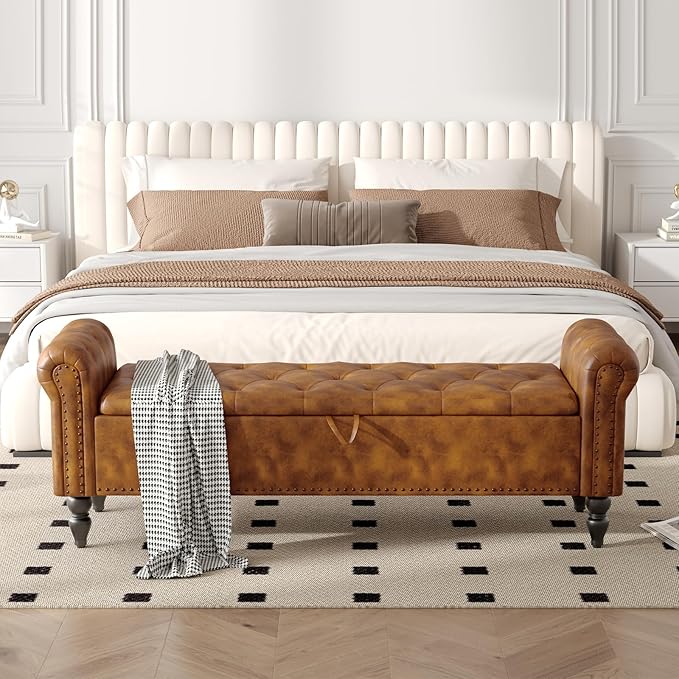 Furniliving 63” End of Bed Bench, Bedroom Bench with Button-Tufted, Large Upholstered Storage Ottoman Benches Entryway Bench with Storage Shoe Cabinet Bench, for Bedroom, Living Room, PU, Brown