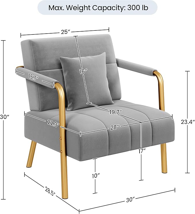 Yaheetech 30" W Accent Chair Velvet Oversized Armchair Living Room Chair with Golden Frame & Cozy Pillow for Living Room, Bedroom, Office Light Gray