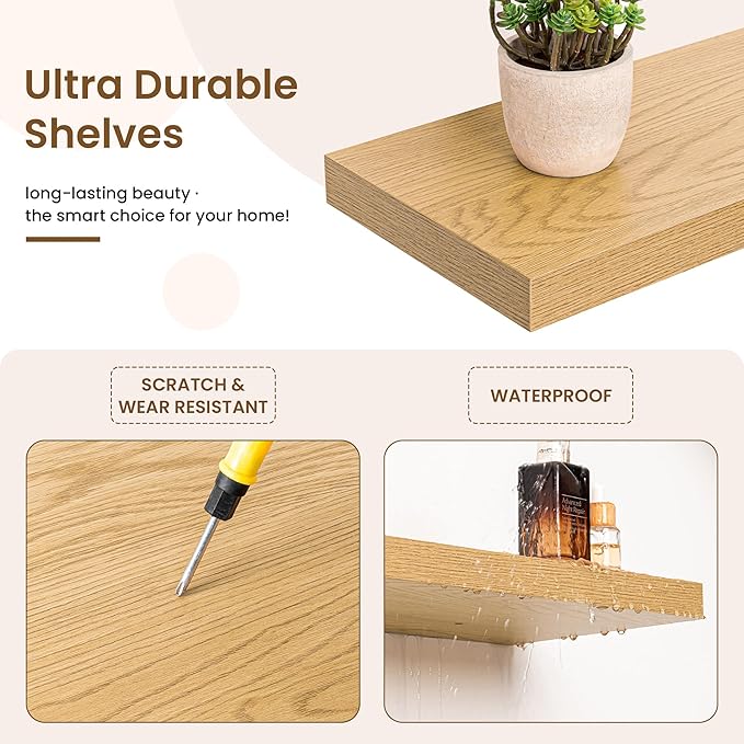16in Floating Shelves for Wall, 16"W x 9.25"D x 1.25"H, 2 Pack Long Wall Mounted Engineered Wood Shelves with Invisible Brackets for Living Room, Bedroom, Bathroom, Kitchen Decor and Storage, Oak