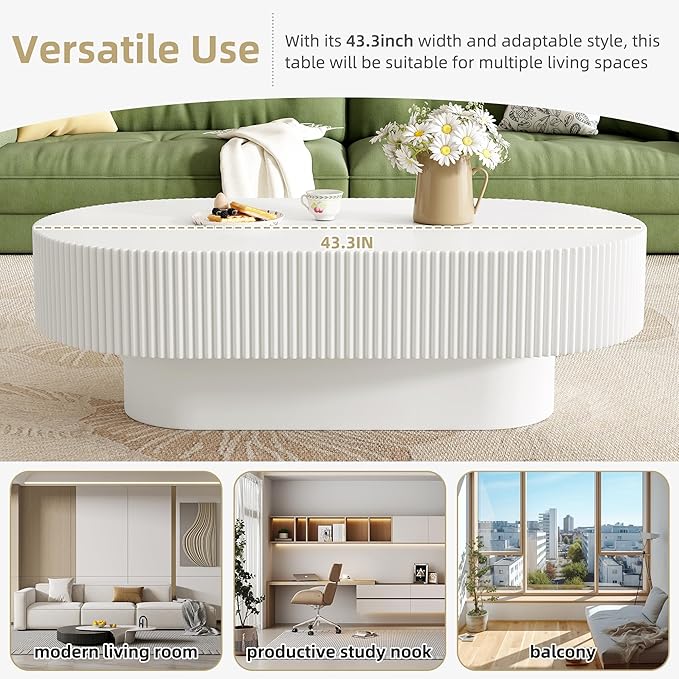 43.3" Oval Fluted Coffee Table, Modern Wood Pedestal Coffee Table, White Fluted Tea Center Table with Thick Tabletop & Sturdy Pedestal for Living Room Apartment- Easy Assembly