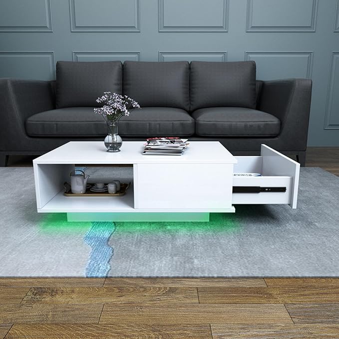 COSVALVE Modern White LED Coffee Tables for Living Room with Drawer & 16-Color LED Lights, Rectangle Living Room Sofa Table with Ample Storage Space(23.6" D x 43.3" W x 15.7" H)