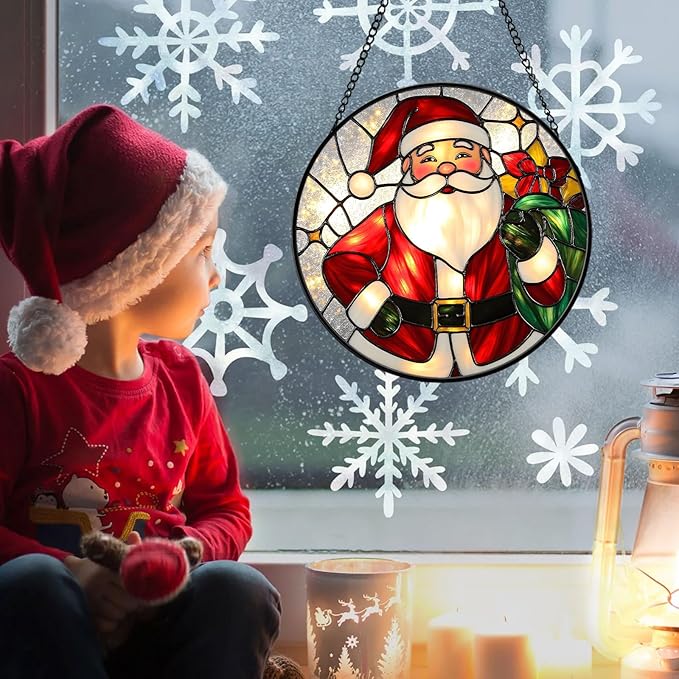 Christmas Stained Glass Window Hanging Sun Catcher, Santa Claus Suncatcher for Window Ornament, Festive Wall Art Decor Christmas Xmas Gift for Women, Men (Red Santa, 6.3'')