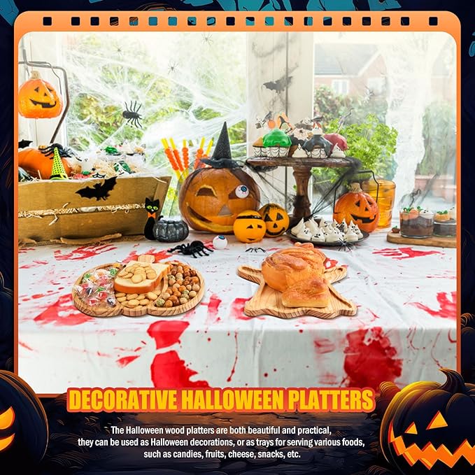 FOBSME 2 Pcs Halloween Wooden Charcuterie Boards Pumpkin and Ghost Shape Serving Platters Fall Wood Serving Trays Decorative Wooden Snack Dish Plates for Halloween Autumn Holiday Housewarming Presents