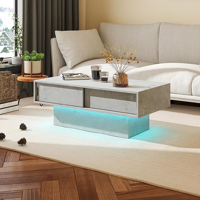 LED Coffee Table with Storage, Rectangular Center Table for Living Room, Modern High Glossy Farmhouse Grey Coffee Table with 16 Colors LED Lights, Wooden Living Room Table