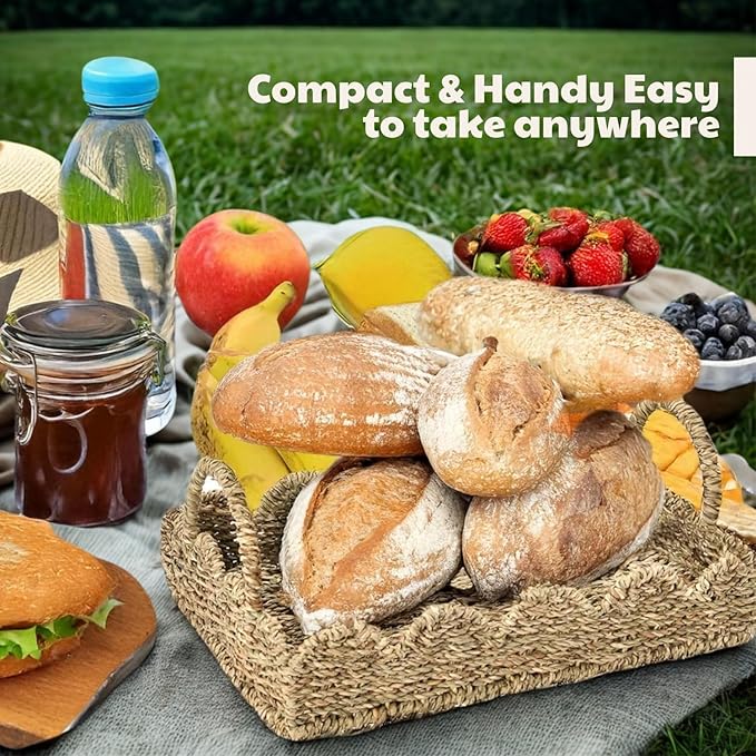 14" Handmade Wicker Tray with Scalloped Edge, Seagrass Basket with Handles, Decorative Boho Accent for Coffee Table or Ottoman, Holiday Serving