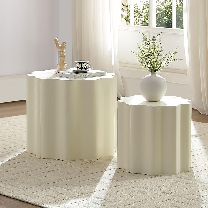 WILLIAMSPACE Nesting Coffee Table Set of 2 for Living Room, Modern Circle Center Table with Wavy Edges Design, Accent End Side Table for Small Space, No Need Assembly (Fiberglass, 22.05"+16.93")