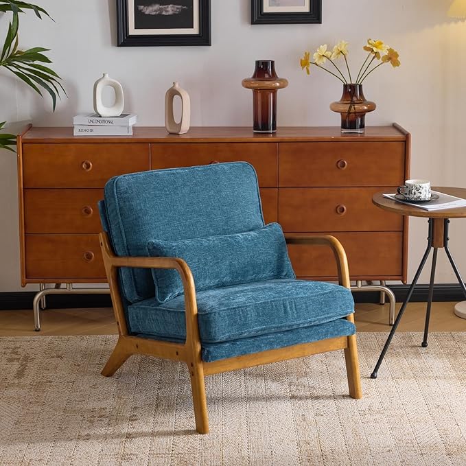 VINGLI Chenille Mid-Century Modern Accent Chair, Cute Reading Arm Chair with Cushion & Lumbar Pillow & Solid Wood Frame for Lounge, Living Room, Reading Room, Bedroom, Blue
