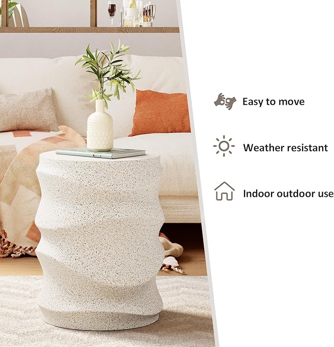 HOMPUS Outdoor Side Table, Patio End Table w Water Wave, Unique MgO Round Lightweight Concrete Accent Table, Modern Vintage Plant Stand Garden Tool for Indoor Outdoor Use, Warm White