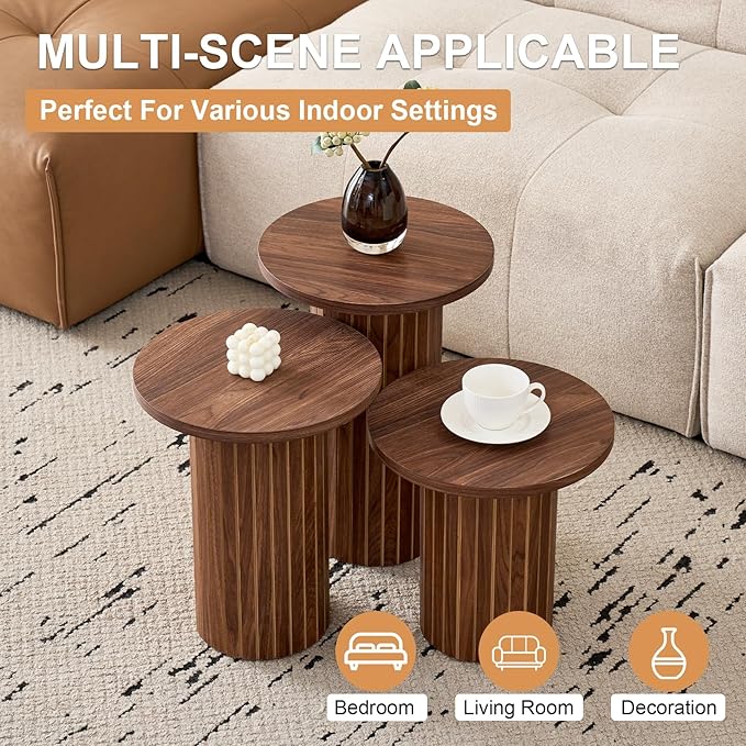 3-Piece Nesting Coffee Table Set, Modern Small Round Wood Side Tables, Fluted Drum Base, for Living Room Bedroom Apartment Small Space, Brown