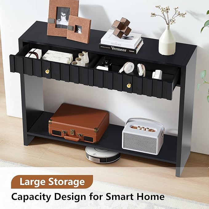 AVZEAR Entryway Console Table with Fluted Drawers, Mid Century Entryway Table with Storage, 43" Long Couch Table Behind Sofa Narrow Sofa Table Console Tables for Living Room Hallway Entrance, Black