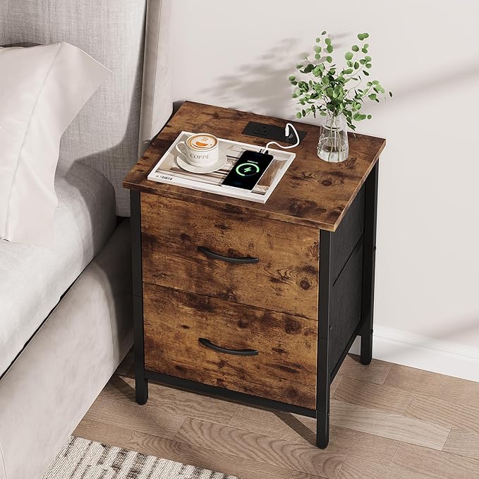 Vagusicc Nightstand Set of 2 with Charging Station, End Table Bedside Table with Power Outlet & USB Ports, Side Table with 2 Fabric Drawers for Bedroom, Living Room, Rustic Brown