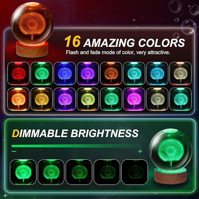 Dandelion Flower Crystal Ball Night Light - 3.15 Inch 16 Color LED Dandelion Glass Ball Lamp with Wooden Base and Remote Control - Perfect Decorations Gifts for Kids, Boys, Girls, Teens