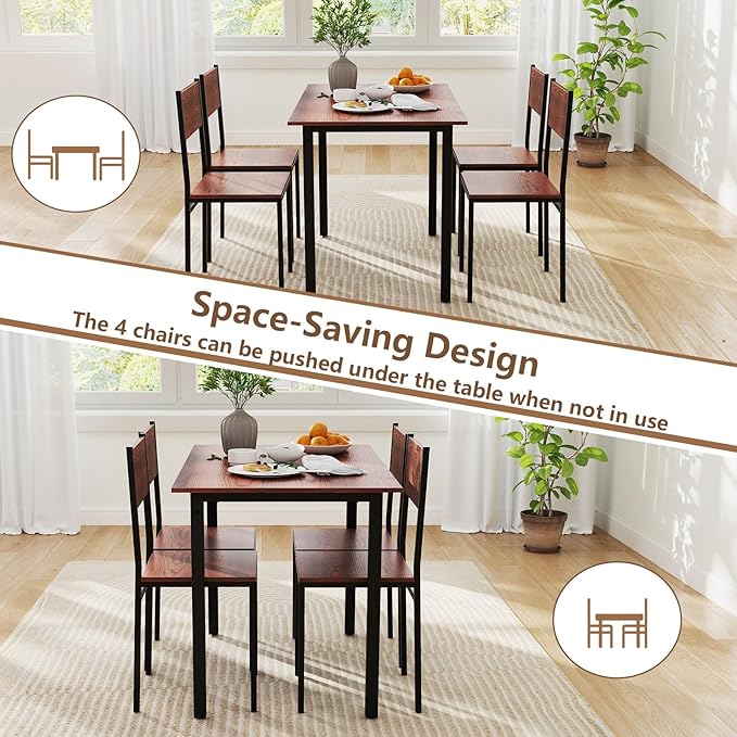 GOFLAME 5-Piece Dining Table Set, Industrial Kitchen Table and Chairs for 4 with Backrest and Metal Frame, Rectangular Space-Saving Dinette Set for Dining Room, Apartment, Small Space, Walnut