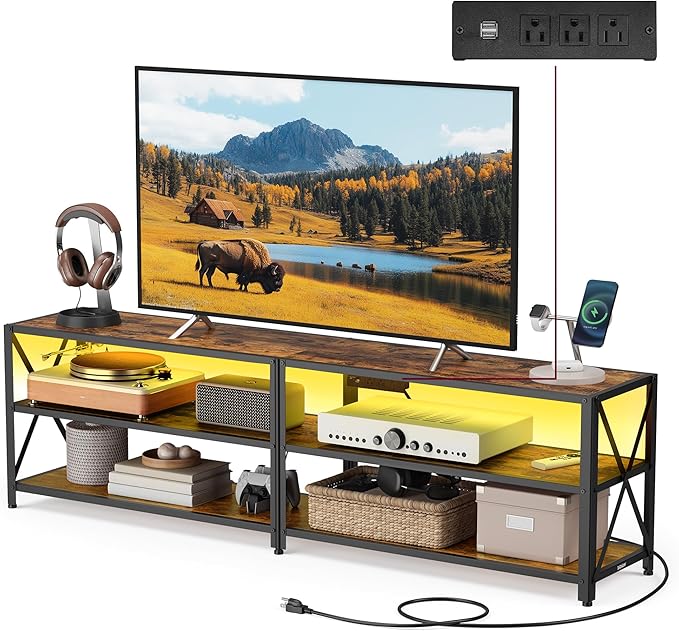 VASAGLE TV Stand with Power Outlets and LED Lights, for TVs up to 75 Inches, Entertainment Center with Open Storage Shelves, TV Console Table for Living Room, Rustic Brown and Ink Black ULTV119K01