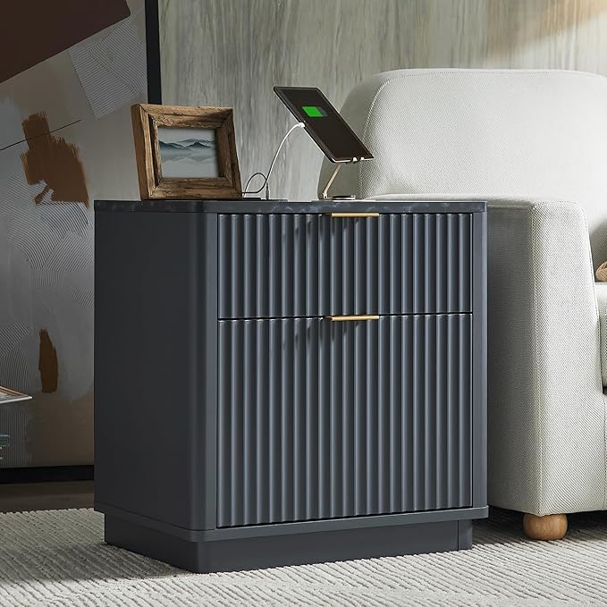 T4TREAM 23'' Fluted Nightstand Set of 2 with Charging Station, Large 2 Drawer Bedside Table, Modern End Table with Storage, Mid Century Night Stand for Bedroom Living Room, Curved Profile, Dark Grey
