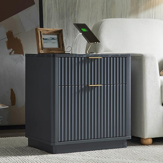 T4TREAM 23'' Fluted Nightstand Set of 2 with Charging Station, Large 2 Drawer Bedside Table, Modern End Table with Storage, Mid Century Night Stand for Bedroom Living Room, Curved Profile, Dark Grey