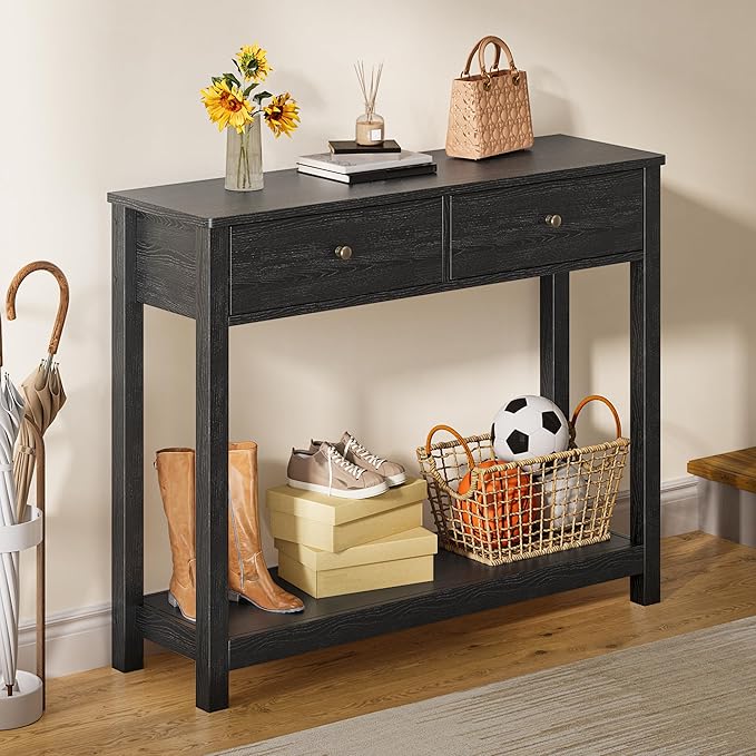 Gizoon Console Table with 2 Drawers, 2-Tier Wood Entryway Table with Storage Shelves, 39" W Wood Accent Sofa Table for Front Hall, Hallway, Living Room, Black