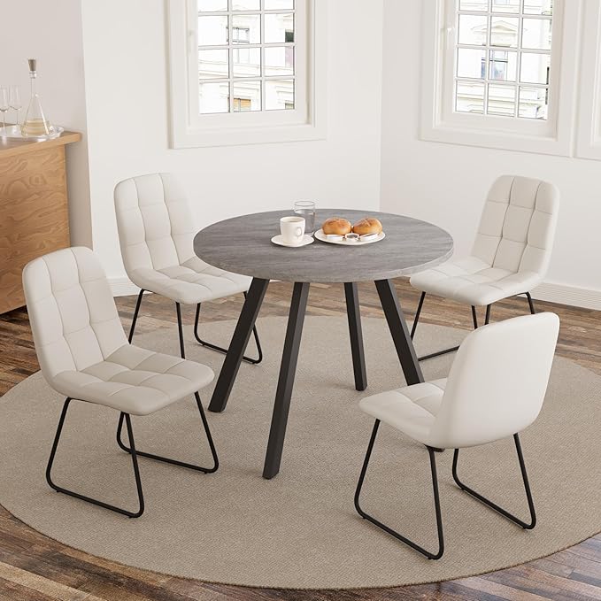 34.6'' Dining Table and Chairs for 4, Mid Century Modern Round Table Set, Space Saving for Apartment Kitchen Dining Room (Grey Table+4 U-Shaped White Chairs)