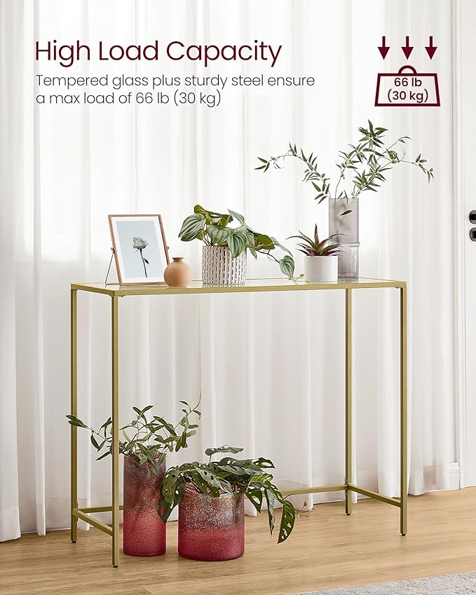 VASAGLE 39.4 Inches Console Table, Tempered Glass Sofa Table, Modern Entryway Table, Metal Frame, Easy to Assemble, Adjustable Feet, for Living Room, Hallway, Gold Color ULGT26G
