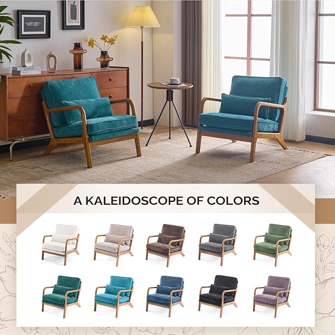 VINGLI Chenille Mid-Century Modern Accent Chair, Cute Reading Arm Chair with Cushion & Lumbar Pillow & Solid Wood Frame for Lounge, Living Room, Reading Room, Bedroom, Turquoise