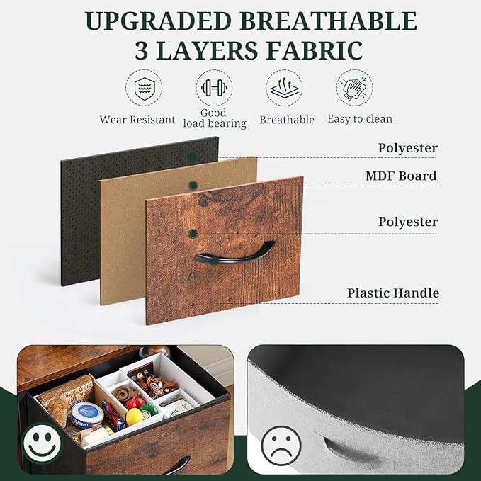 Nightstand, 4 Drawer Dresser End Table Bedside Furniture with Wooden Top Steel Frame Fabric Bins for Bedroom, Closet, Entryway, Dorm, Living Room, Brown