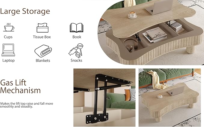 42.5" Lift Top Fluted Coffee Table with Hidden Storage Compartment, Modern Cloud-Shaped Wooden Center Table Cocktail Tea Table with Curved Safety Corners and Adjustable Height, Natural