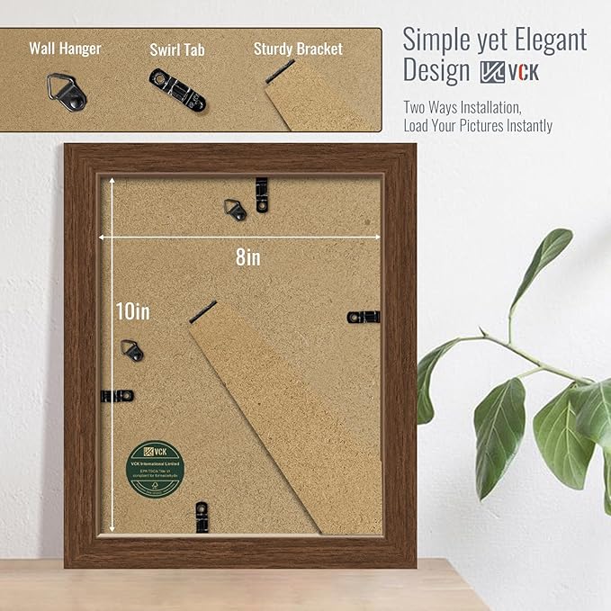 VCK 8x10 Picture Frame 2 Pack - Brown, High-End Wood Poster Frames with Tempered Glass, Display 5x7 Photo with Mat or 8x10 without Mat, Art Gallery-Quality, Wall Hanging/Tabletop, Brown