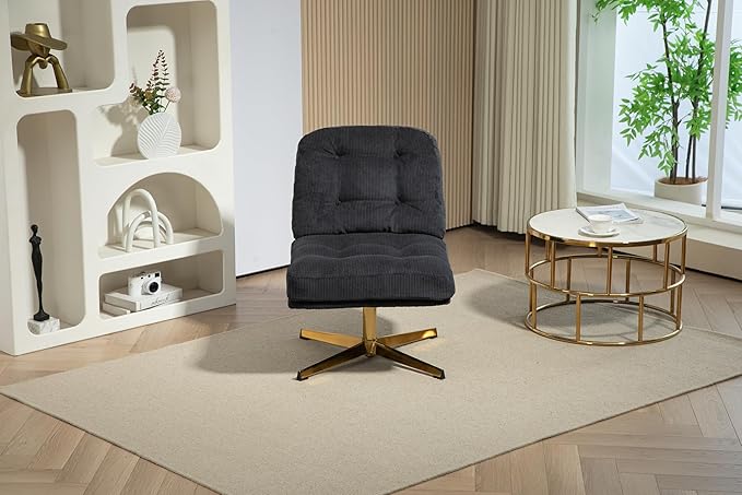 ZOBIDO Modern Accent Corduroy Chairs Comfy Upholstered Vanity Chairs for Bedroom Armchair Dining Chairs with Golden Metal Legs Desk Chair for Living Room(Black