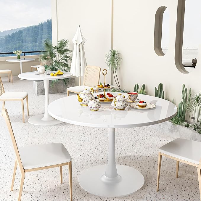 DKLGG White Round Dining Table, 39.1" Tulip Kitchen Dining Table for 4-5 People with MDF Table Top & Pedestal Base, Mid-Century End Living Room Table