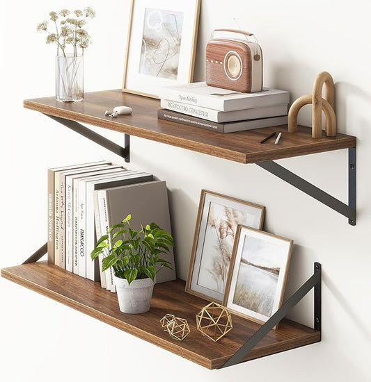10 Inch Deep Floating Shelves, Walnut Floating Shelves 30 Inch Long, Rustic Wood Wall Shelves 30"W x 10"D, Deep Floating Shelf with Bracket, Wide Storage Shelves for Books, Living Room, Bathroom