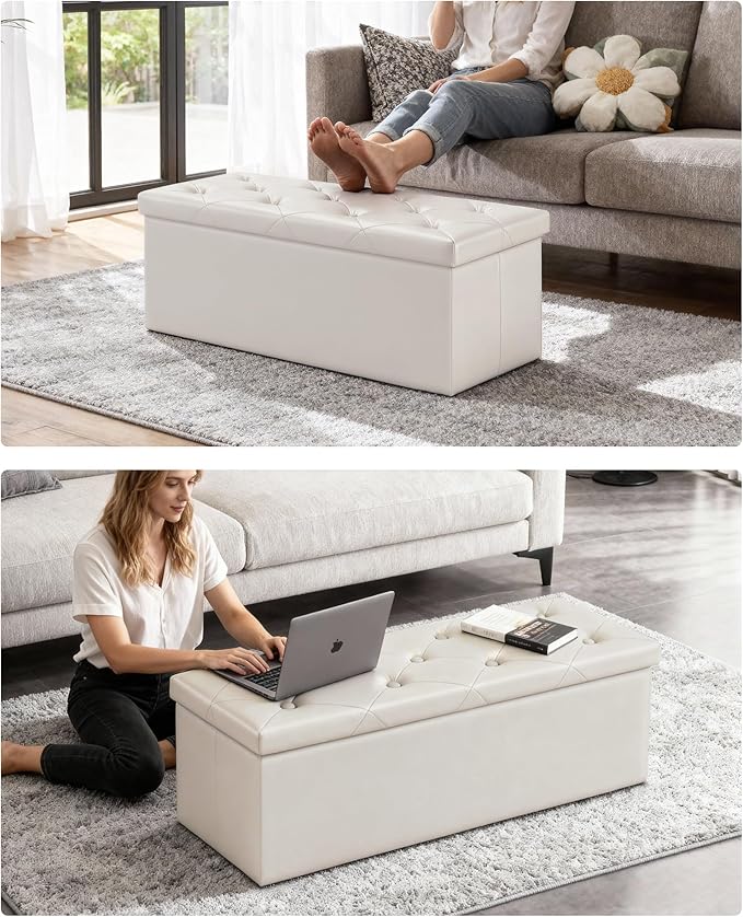 GLAXYFUR Storage Ottoman Bench, 43 Inches Folding Ottoman with 2 Dividers, PU Leather Foot Rest, End of Bed Bench, Storage Chest for Living Room, Bedroom and Entryway (White)