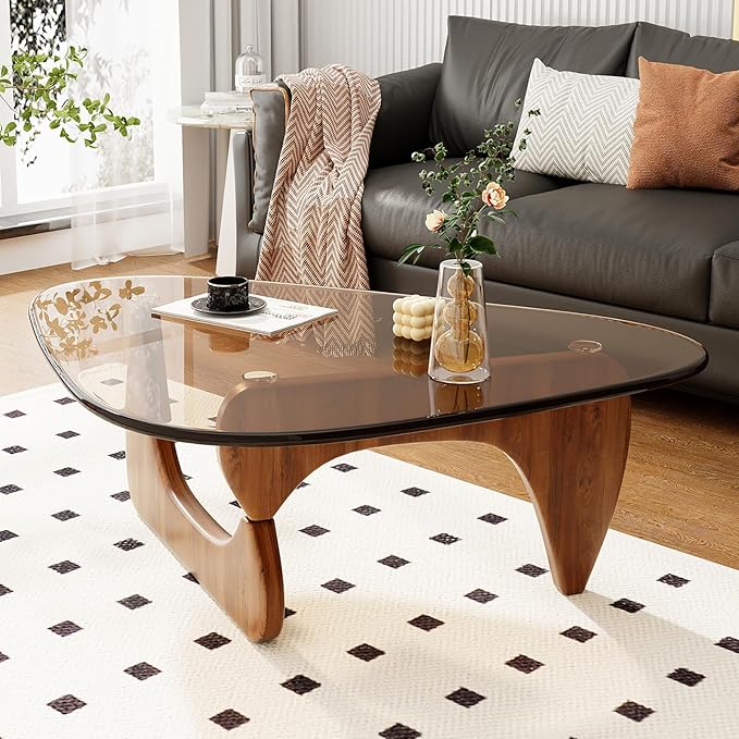 Coffee Table for Living Room Mid Century Modern Center Table with Glass Top and Wood, Brown/Walnut